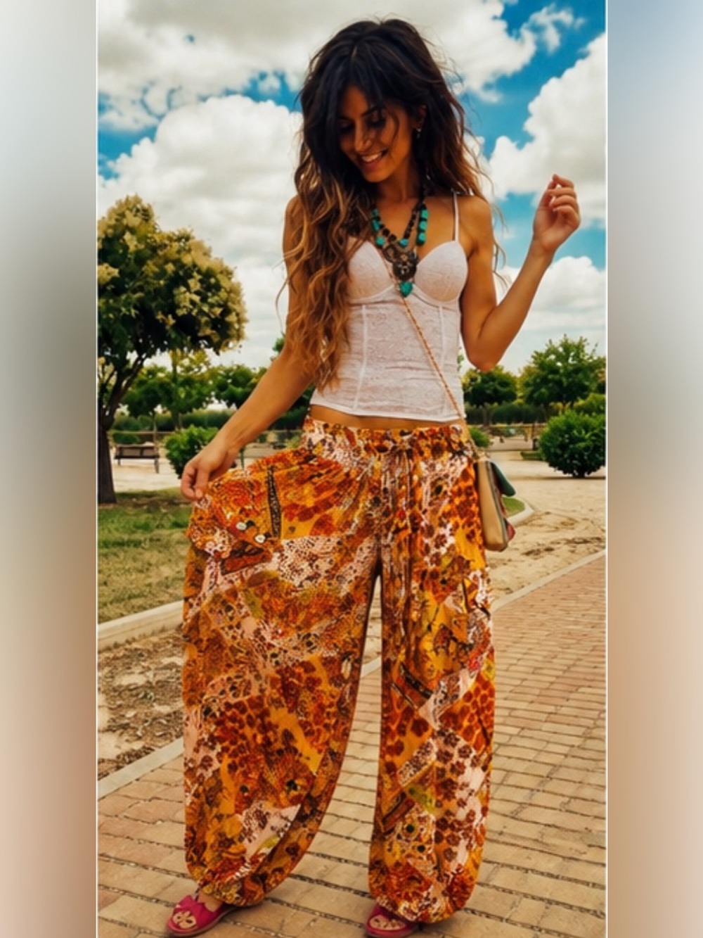 Christian Siriano Orange Floral Patchwork Wide-Leg Pants - Picture 2 of 14